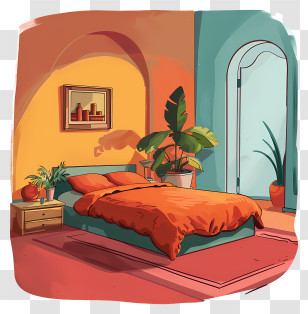 Bed Room Cartoon - Colorful Bedroom With Plants Transparent PNG