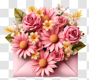 Envelope - Beautiful Envelope With Pink Daisies And Roses For Romantic Occasions Transparent PNG