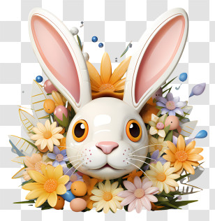 Bunny Ears With Daisy Flower - Bunny Surrounded By Flowers And Eggs Transparent PNG