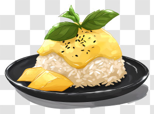 Khao Niao Mamuang - Mango Sticky Rice Dessert On Black Plate Transparent PNG