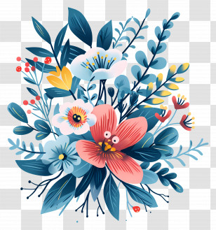 Winter Flower - Vibrant Blue And Pink Cartoon Flower Bouquet Transparent PNG