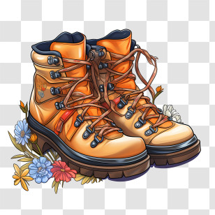 Boots - Orange Hiking Boots With Floral Touch Transparent PNG