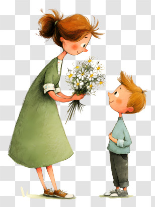 Giving Flowers To Mother - Mother And Child With Flowers Transparent PNG