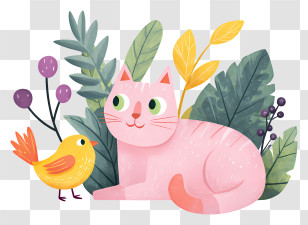 Pink Cat And Bird - Playful Pink Cat With Bird Transparent PNG