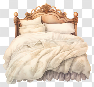 Bedroom Decor - Cozy Wooden Bed With Pillows And Blanket Transparent PNG