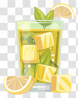 Lemon Tea - Lemon Iced Tea With Ice Cubes And Leaves Transparent PNG