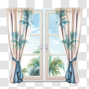 Window Curtain - Window With Lush Tropical Curtain Patterns Transparent PNG