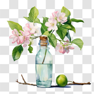 Apple Blossom - Glass Bottle With Apple Blossoms And Green Apple Transparent PNG