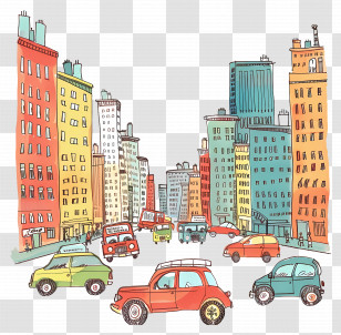 Cars In City - City Street With Cars And Buildings Transparent PNG