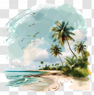 Tranquil Beach - Tropical Beach Scene With Palm Trees Illustration Transparent PNG