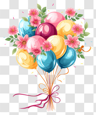 Birthday Party Balloons - Colorful Balloons And Flowers Bouquet Transparent PNG