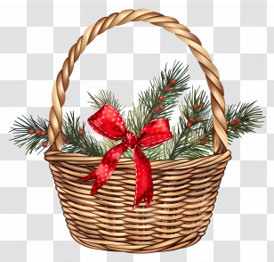Wicker Basket - Holiday Basket With Pine And Red Ribbon Transparent PNG