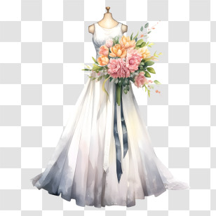 Wedding Dress - Elegant Wedding Dress And Floral Bouquet Transparent PNG