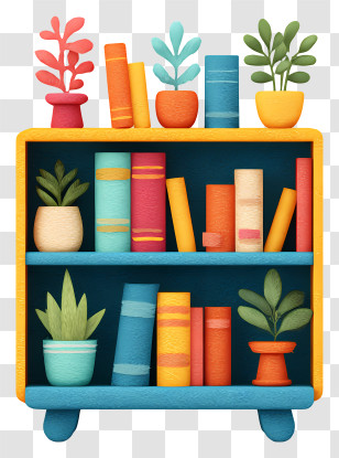 Bookshelf With Books - Colorful Bookshelf With Plants Transparent PNG