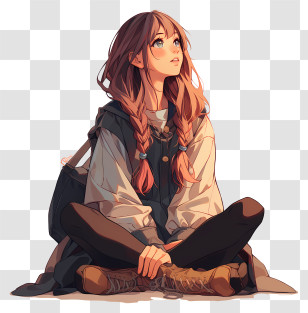 Girl Sitting Cross Legged - Anime Girl With Braids Sitting Transparent PNG