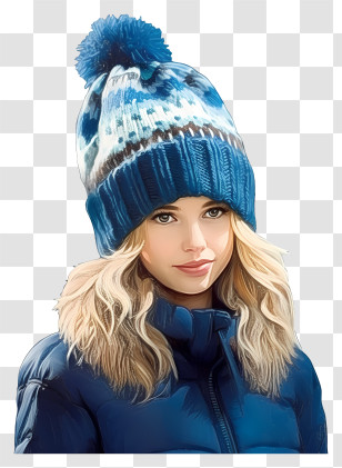 Winter Fashion - Blue Patterned Knitted Beanie With Pom-pom Transparent PNG