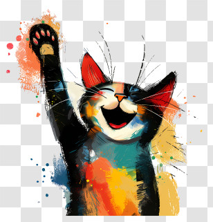 Happy Cat - Colorful Cartoon Cat With Raised Paw Transparent PNG