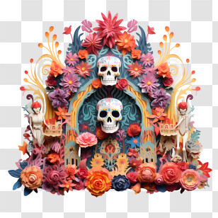 Ofrenda - Day Of The Dead Altar With Sugar Skulls And Flowers Transparent PNG