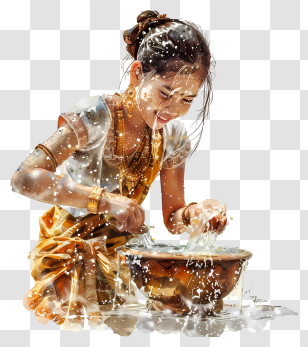 Songkran Festival - Girl Washing Rice In Traditional Clothing Transparent PNG