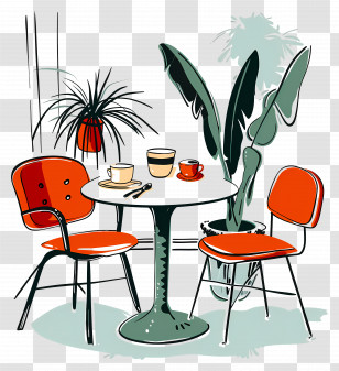 Cozy Cafe - Modern Cafe Table And Chairs With Plant Decor Transparent PNG