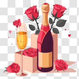 Valentine Champagne - Romantic Wine Setup With Red Roses Transparent PNG