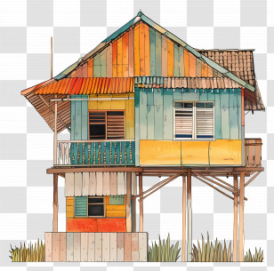 Kampung House - Colorful Elevated Wooden House Transparent PNG