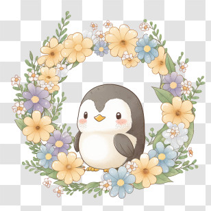 Kawaii Penguin
 - Adorable Penguin In Floral Wreath Illustration Transparent PNG