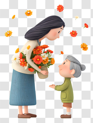 Giving Flowers To Mother - Mother And Child With Flowers Transparent PNG