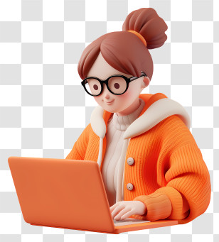 Woman Programming - Cartoon Girl With Laptop In Orange Jacket Transparent PNG