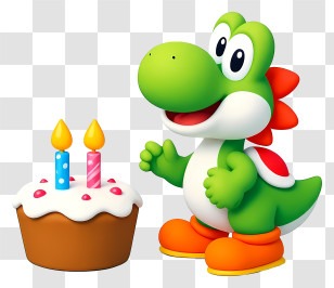 Yoshi Birthday - Cute Dino With Birthday Cupcake Transparent PNG