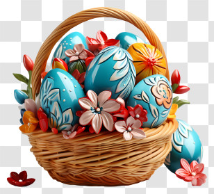 Easter Egg - Decorative Easter Basket With Colorful Eggs And Flowers Transparent PNG