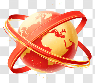 Red Ribbon Circling Earth - Golden Globe With Orbit Rings Transparent PNG