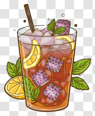 Iced Tea - Iced Lemon Tea Glass With Purple Ice Cubes And Mint Garnish Transparent PNG