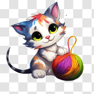 Cat Playing Yarn Ball - Cute Colorful Kitten With Yarn Transparent PNG