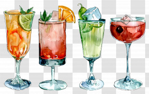 Watercolor Cocktail - Variety Of Cocktail Glasses Transparent PNG