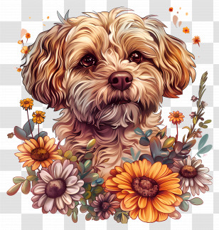 Dog Enjoys Nature - Cute Dog Surrounded By Flowers In Art Illustration Transparent PNG
