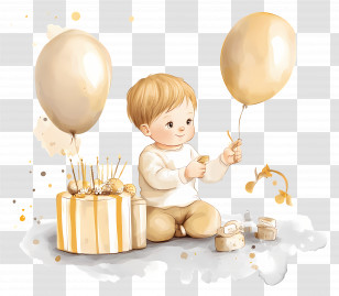 Baby Birthday - Child With Balloons And Cake Transparent PNG