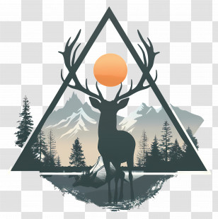 Deer Silhouette - Deer Silhouette With Mountain And Sunset Background Transparent PNG