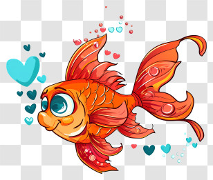 Cartoon Valentine Fish - Adorable Cartoon Goldfish With Hearts Transparent PNG