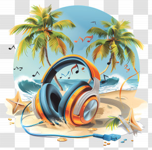Beach Tunes - Tropical Beach With Headphones And Music Notes Transparent PNG