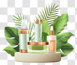 Skincare - Natural Skincare Set With Green Leaf Background Transparent PNG