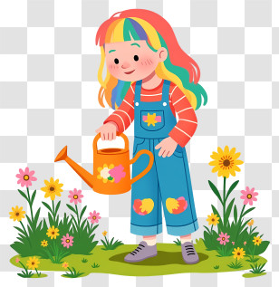 Girl Watering Plant - Rainbow-Haired Girl Watering Flowers Transparent PNG