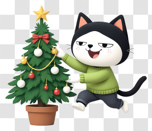 Cat Mascot Enjoying Winter - Playful Cat Decorating Christmas Tree Transparent PNG