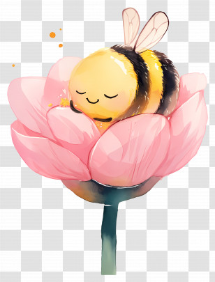 Kawaii Bee - Sleeping Bee On Pink Flower Illustration Transparent PNG
