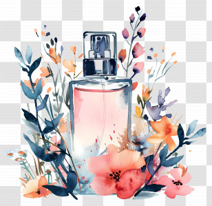 Perfume - Elegant Perfume Bottle With Floral Watercolor Accents Transparent PNG