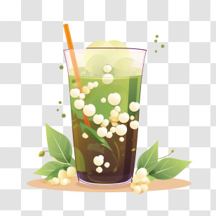 Matcha Bubble Tea - Green Bubble Tea With Leaves Transparent PNG