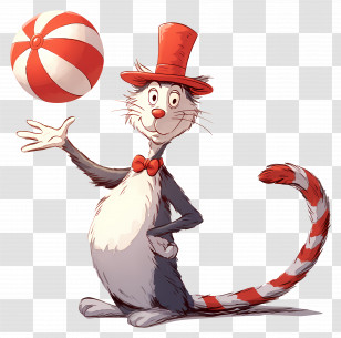 Dr Seuss - Cartoon Cat With Red Hat And Striped Tail Holding Ball Transparent PNG