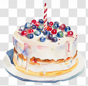 Cake Drawing - Watercolor Cake With Berries And A Candle Transparent PNG