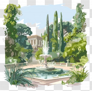 Villa Borghese - Elegant Garden Fountain Illustration With Greenery Transparent PNG