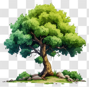 Watercolor Big Tree - Beautiful Green Tree With Rocks Transparent PNG